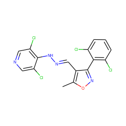 Cc1onc(-c2c(Cl)cccc2Cl)c1/C=N/Nc1c(Cl)cncc1Cl ZINC000012368102