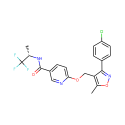 Cc1onc(-c2ccc(Cl)cc2)c1COc1ccc(C(=O)N[C@@H](C)C(F)(F)F)cn1 ZINC000141353168