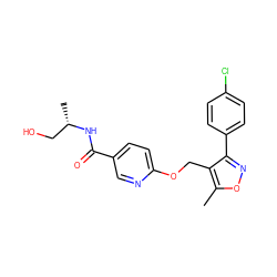 Cc1onc(-c2ccc(Cl)cc2)c1COc1ccc(C(=O)N[C@@H](C)CO)cn1 ZINC000141352838