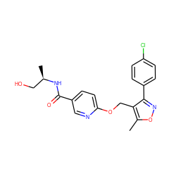 Cc1onc(-c2ccc(Cl)cc2)c1COc1ccc(C(=O)N[C@H](C)CO)cn1 ZINC000141352693