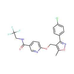 Cc1onc(-c2ccc(Cl)cc2)c1COc1ccc(C(=O)NCC(F)(F)F)cn1 ZINC000141281696