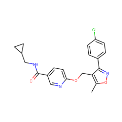 Cc1onc(-c2ccc(Cl)cc2)c1COc1ccc(C(=O)NCC2CC2)cn1 ZINC000142267113