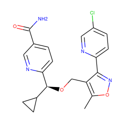 Cc1onc(-c2ccc(Cl)cn2)c1CO[C@H](c1ccc(C(N)=O)cn1)C1CC1 ZINC000142247791