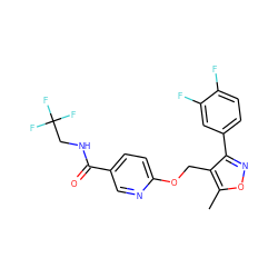 Cc1onc(-c2ccc(F)c(F)c2)c1COc1ccc(C(=O)NCC(F)(F)F)cn1 ZINC000141428836