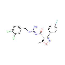 Cc1onc(-c2ccc(F)cc2)c1C(=O)/N=C(\N)NCc1ccc(Cl)c(Cl)c1 ZINC000095576414