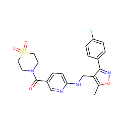 Cc1onc(-c2ccc(F)cc2)c1CNc1ccc(C(=O)N2CCS(=O)(=O)CC2)cn1 ZINC000143090226