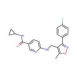 Cc1onc(-c2ccc(F)cc2)c1CNc1ccc(C(=O)NC2CC2)cn1 ZINC000141293146