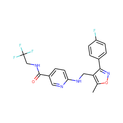 Cc1onc(-c2ccc(F)cc2)c1CNc1ccc(C(=O)NCC(F)(F)F)cn1 ZINC000143122896