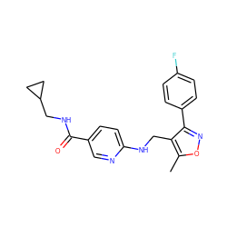 Cc1onc(-c2ccc(F)cc2)c1CNc1ccc(C(=O)NCC2CC2)cn1 ZINC000142540906