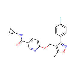 Cc1onc(-c2ccc(F)cc2)c1COc1ccc(C(=O)NC2CC2)cn1 ZINC000143239547