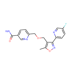 Cc1onc(-c2ccc(F)cn2)c1COCc1ccc(C(N)=O)cn1 ZINC000143456816