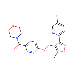 Cc1onc(-c2ccc(F)cn2)c1COc1ccc(C(=O)N2CCOCC2)cn1 ZINC000141376025