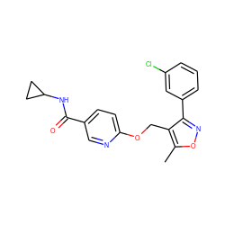 Cc1onc(-c2cccc(Cl)c2)c1COc1ccc(C(=O)NC2CC2)cn1 ZINC000141270247