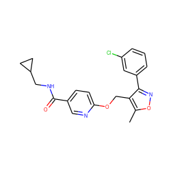 Cc1onc(-c2cccc(Cl)c2)c1COc1ccc(C(=O)NCC2CC2)cn1 ZINC000141270040