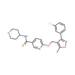 Cc1onc(-c2cccc(F)c2)c1COc1ccc(C(=O)NC2CCOCC2)cn1 ZINC000142258076