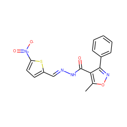 Cc1onc(-c2ccccc2)c1C(=O)N/N=C/c1ccc([N+](=O)[O-])s1 ZINC000001001081