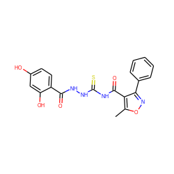 Cc1onc(-c2ccccc2)c1C(=O)NC(=S)NNC(=O)c1ccc(O)cc1O ZINC000002255164