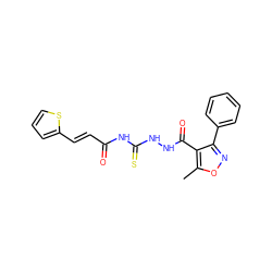 Cc1onc(-c2ccccc2)c1C(=O)NNC(=S)NC(=O)/C=C/c1cccs1 ZINC000002448184