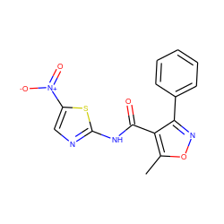 Cc1onc(-c2ccccc2)c1C(=O)Nc1ncc([N+](=O)[O-])s1 ZINC000004704365