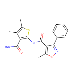 Cc1onc(-c2ccccc2)c1C(=O)Nc1sc(C)c(C)c1C(N)=O ZINC000001200057