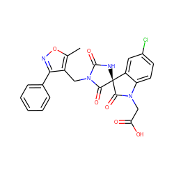 Cc1onc(-c2ccccc2)c1CN1C(=O)N[C@]2(C1=O)C(=O)N(CC(=O)O)c1ccc(Cl)cc12 ZINC000084708194