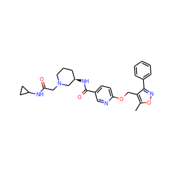 Cc1onc(-c2ccccc2)c1COc1ccc(C(=O)N[C@@H]2CCCN(CC(=O)NC3CC3)C2)cn1 ZINC000142189414