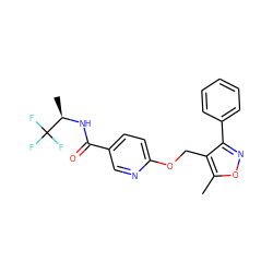 Cc1onc(-c2ccccc2)c1COc1ccc(C(=O)N[C@H](C)C(F)(F)F)cn1 ZINC000141341239