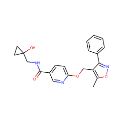 Cc1onc(-c2ccccc2)c1COc1ccc(C(=O)NCC2(O)CC2)cn1 ZINC000141755602