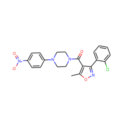 Cc1onc(-c2ccccc2Cl)c1C(=O)N1CCN(c2ccc([N+](=O)[O-])cc2)CC1 ZINC000008435353