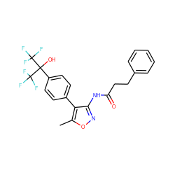 Cc1onc(NC(=O)CCc2ccccc2)c1-c1ccc(C(O)(C(F)(F)F)C(F)(F)F)cc1 ZINC000028567947