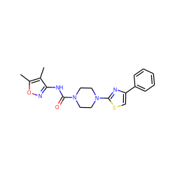 Cc1onc(NC(=O)N2CCN(c3nc(-c4ccccc4)cs3)CC2)c1C ZINC000095582664