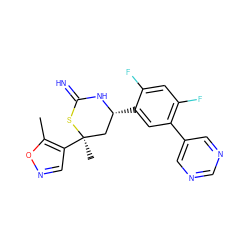 Cc1oncc1[C@]1(C)C[C@@H](c2cc(-c3cncnc3)c(F)cc2F)NC(=N)S1 ZINC000653883010