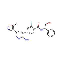 Cc1oncc1-c1cnc(N)c(-c2ccc(C(=O)N[C@H](CO)c3ccccc3)c(F)c2)c1 ZINC001772645120