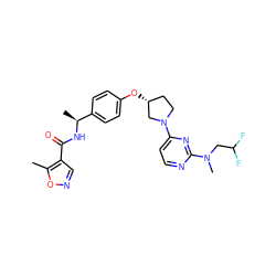 Cc1oncc1C(=O)N[C@@H](C)c1ccc(O[C@@H]2CCN(c3ccnc(N(C)CC(F)F)n3)C2)cc1 ZINC000261192087