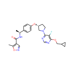 Cc1oncc1C(=O)N[C@@H](C)c1ccc(O[C@@H]2CCN(c3ncnc(OCC4CC4)c3F)C2)cc1 ZINC000261156315