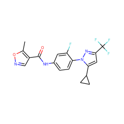 Cc1oncc1C(=O)Nc1ccc(-n2nc(C(F)(F)F)cc2C2CC2)c(F)c1 ZINC000116816772