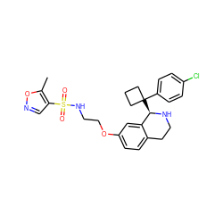 Cc1oncc1S(=O)(=O)NCCOc1ccc2c(c1)[C@@H](C1(c3ccc(Cl)cc3)CCC1)NCC2 ZINC000114980070