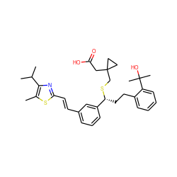 Cc1sc(/C=C/c2cccc([C@@H](CCc3ccccc3C(C)(C)O)SCC3(CC(=O)O)CC3)c2)nc1C(C)C ZINC000029345558