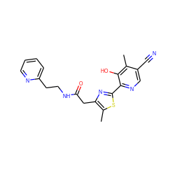 Cc1sc(-c2ncc(C#N)c(C)c2O)nc1CC(=O)NCCc1ccccn1 ZINC000147619819