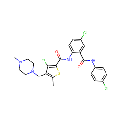 Cc1sc(C(=O)Nc2ccc(Cl)cc2C(=O)Nc2ccc(Cl)cc2)c(Cl)c1CN1CCN(C)CC1 ZINC000023359287