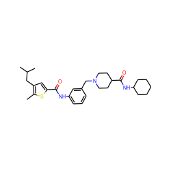 Cc1sc(C(=O)Nc2cccc(CN3CCC(C(=O)NC4CCCCC4)CC3)c2)cc1CC(C)C ZINC001772639459