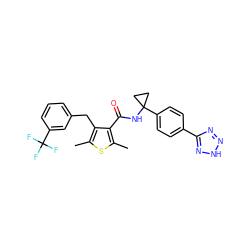 Cc1sc(C)c(C(=O)NC2(c3ccc(-c4nn[nH]n4)cc3)CC2)c1Cc1cccc(C(F)(F)F)c1 ZINC000118703966