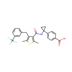 Cc1sc(C)c(C(=O)NC2(c3ccc(C(=O)O)cc3)CC2)c1Cc1cccc(C(F)(F)F)c1 ZINC000045389127