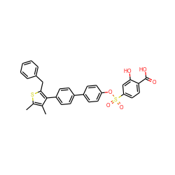 Cc1sc(Cc2ccccc2)c(-c2ccc(-c3ccc(OS(=O)(=O)c4ccc(C(=O)O)c(O)c4)cc3)cc2)c1C ZINC000028758747