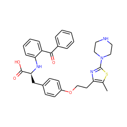 Cc1sc(N2CCNCC2)nc1CCOc1ccc(C[C@H](Nc2ccccc2C(=O)c2ccccc2)C(=O)O)cc1 ZINC000012358091