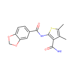 Cc1sc(NC(=O)c2ccc3c(c2)OCO3)c(C(N)=O)c1C ZINC000000035582