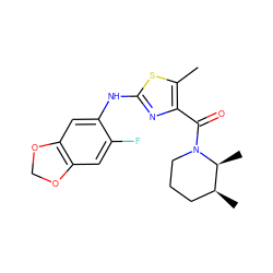 Cc1sc(Nc2cc3c(cc2F)OCO3)nc1C(=O)N1CCC[C@H](C)[C@@H]1C ZINC000096283032