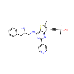 Cc1sc2c(NC[C@@H](N)Cc3ccccc3)nc(-c3ccncc3)nc2c1C#CC(C)(C)O ZINC000223693653