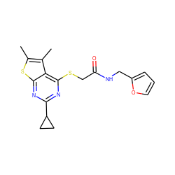 Cc1sc2nc(C3CC3)nc(SCC(=O)NCc3ccco3)c2c1C ZINC000001377393