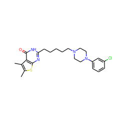 Cc1sc2nc(CCCCCN3CCN(c4cccc(Cl)c4)CC3)[nH]c(=O)c2c1C ZINC000299857435